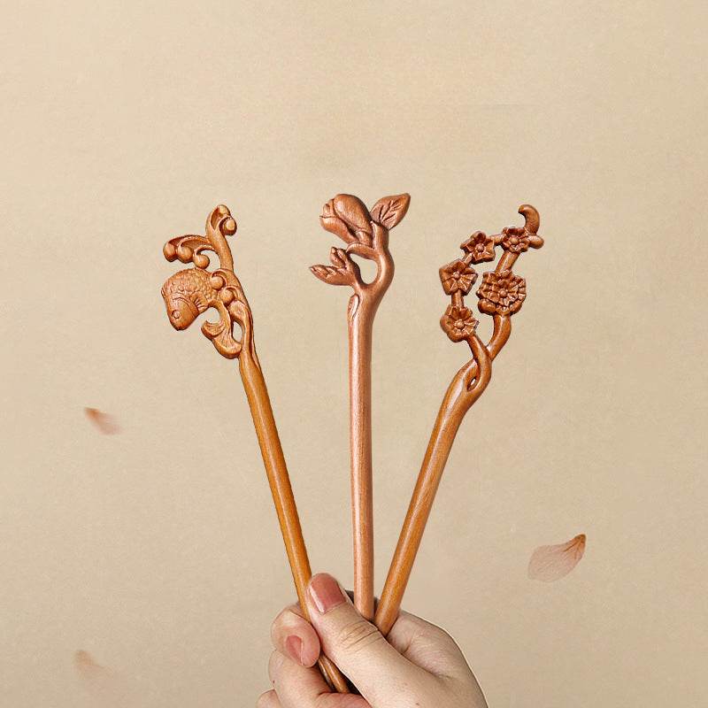 peach wood vintage chinese hairpin for stylish bun & gifting - star8s