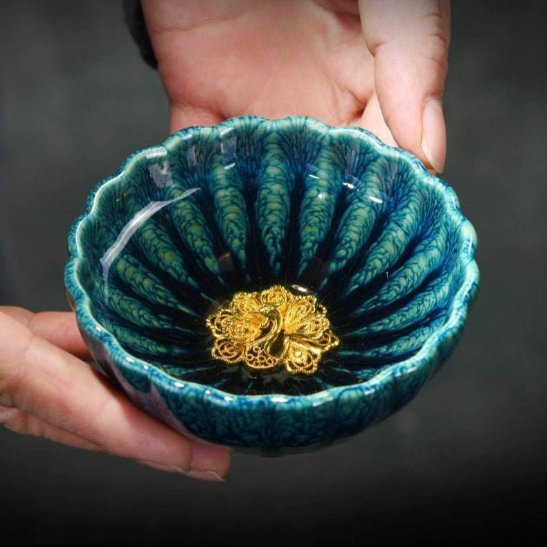 Peacock Tea Cups Couple Set – Handmade Gold - Inlaid, Tea Ceremony Stress Relief & Love Prestige - STAR8S