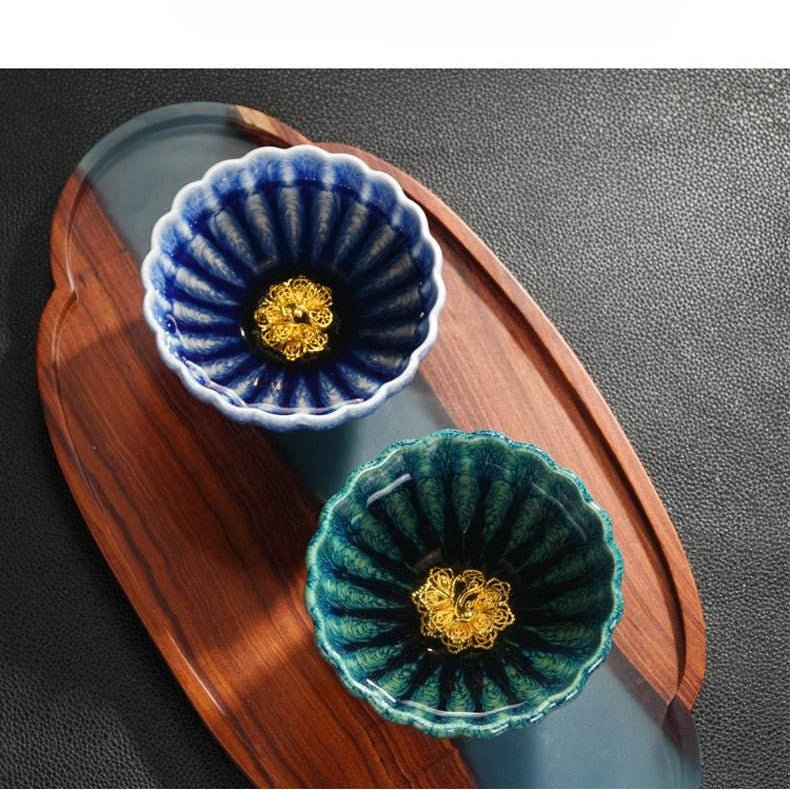 peacock tea cups couple set – handmade gold - inlaid, tea ceremony stress relief & love prestige - star8s