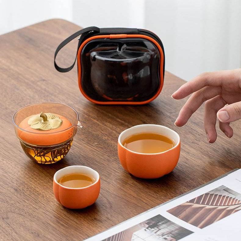 Persimmon Travel Tea Set Portable One Pot Two Cups for Gift - STAR8S