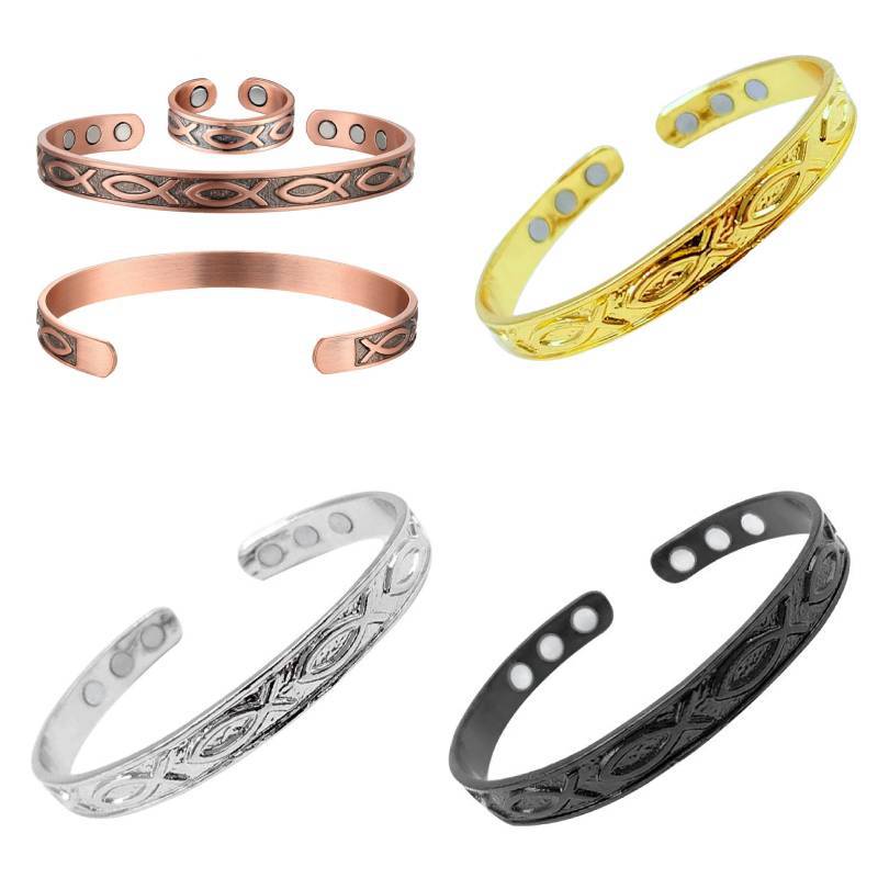 Personalized Fish Design Adjustable Alloy Bracelet – Retro Magnetic Open Cuff for Couples - STAR8S