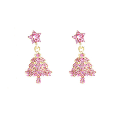 Pink Christmas Tree Earrings – Sparkling Holiday Jewelry for Women | Festive Rhinestone Dangle Earrings - STAR8S