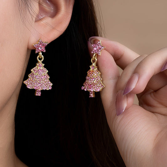 Pink Christmas Tree Earrings – Sparkling Holiday Jewelry for Women | Festive Rhinestone Dangle Earrings - STAR8S