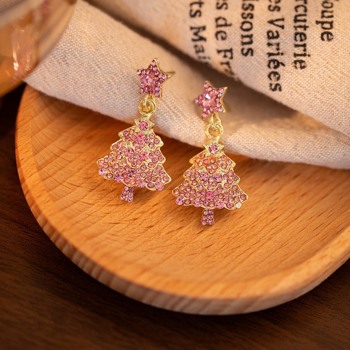 pink christmas tree earrings – sparkling holiday jewelry for women | festive rhinestone dangle earrings - star8s