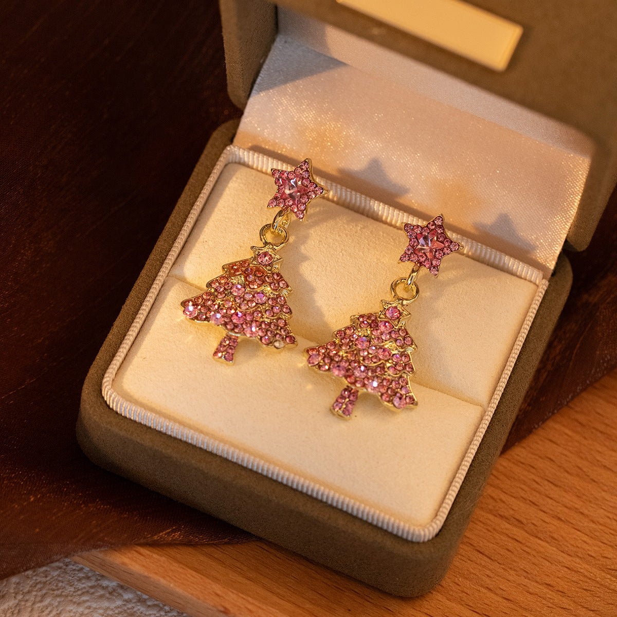 pink christmas tree earrings – sparkling holiday jewelry for women | festive rhinestone dangle earrings - star8s