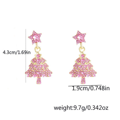 Pink Christmas Tree Earrings – Sparkling Holiday Jewelry for Women | Festive Rhinestone Dangle Earrings - STAR8S