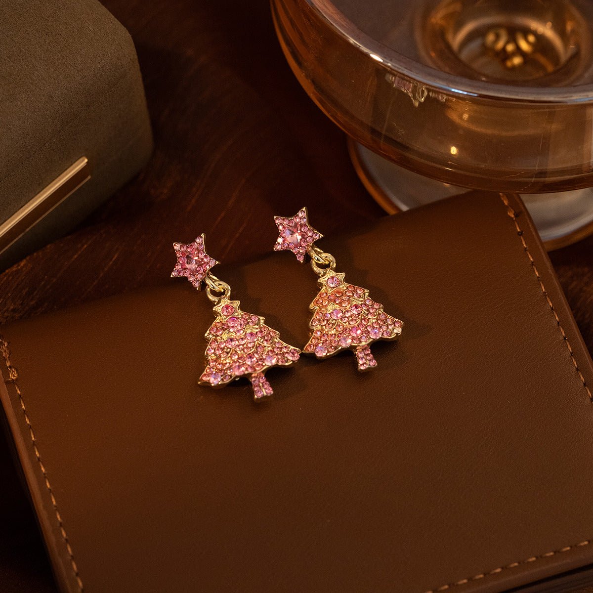 Pink Christmas Tree Earrings – Sparkling Holiday Jewelry for Women | Festive Rhinestone Dangle Earrings - STAR8S