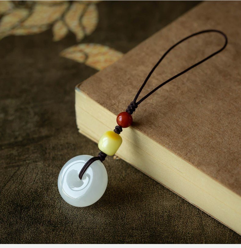 premium natural hetian jade ping an kou phone strap keychain pendant - men & women - star8s