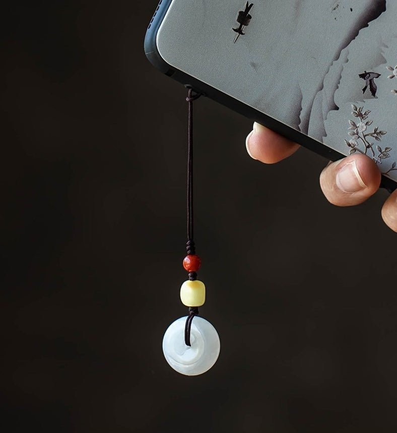 Premium Natural Hetian Jade Ping An Kou Phone Strap Keychain Pendant - Men & Women - STAR8S