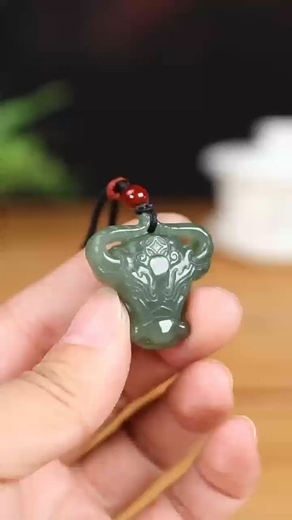 Ox Jade Necklace – Hetian Jade Zodiac Bull Pendant | Lucky Jade Pendant for Men & Women