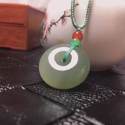 Natural Hetian Jade Ping An Kou Pendant Necklace | Jade Necklace with Green Beads | Feng Shui Symbol of Peace and Safety