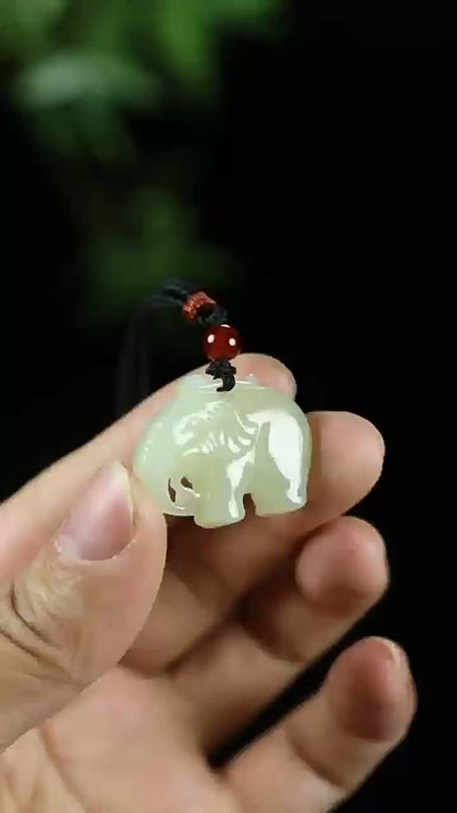 Hetian Jade White Elephant Pendant Necklace - Unisex Good Luck Jade Charm