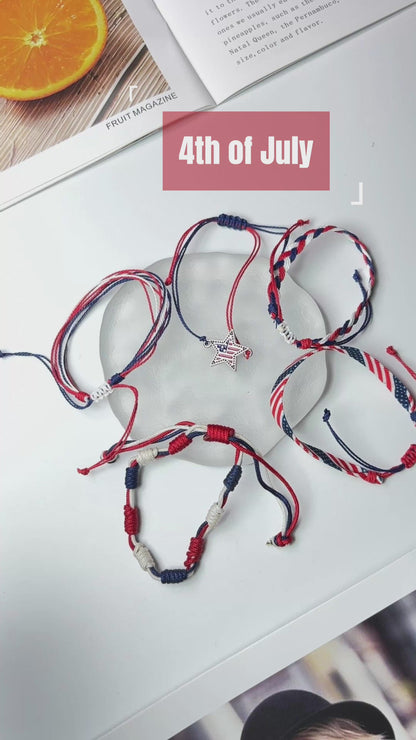 4th of July Patriotic Bracelets Set Red White and Blue Independence Day Braided Rope Bracelets Pack Memorial Day American Flag Star Charm Woven String Stackable Jewelry Gift for Women Men 5Pcs