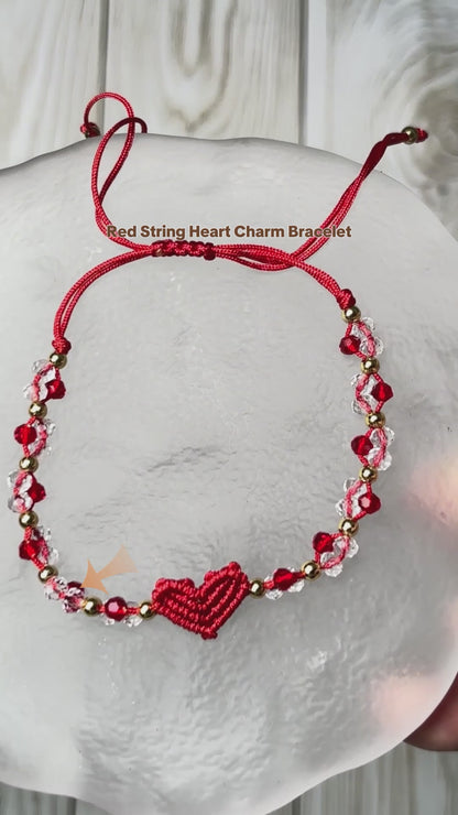 Handmade Red String Bracelet for Women Girlfriend Couples Matching Woven Macrame Heart Charm Bracelet Crystal Beaded Adjustable Rope Anniversary Valentine's Day Romantic Love Jewelry Gift with Card