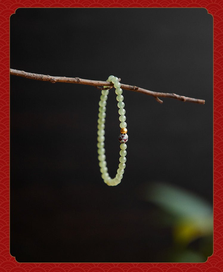 Pure Lotus Green Jade Beaded Bracelet – Natural Hetian Jade | 925 Silver & Cloisonné Accent - STAR8S