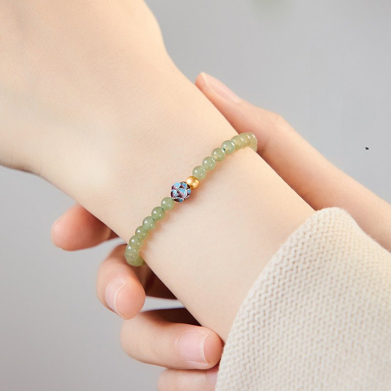Pure Lotus Green Jade Beaded Bracelet – Natural Hetian Jade | 925 Silver & Cloisonné Accent - STAR8S