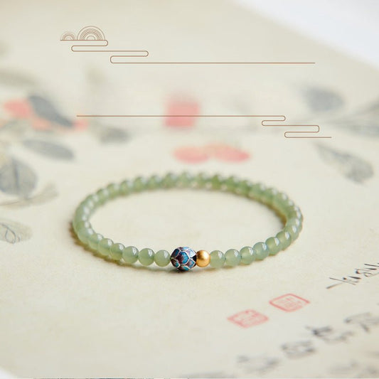 Pure Lotus Green Jade Beaded Bracelet – Natural Hetian Jade | 925 Silver & Cloisonné Accent - STAR8S