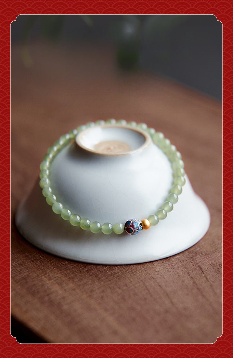 pure lotus green jade beaded bracelet – natural hetian jade | 925 silver & cloisonné accent - star8s