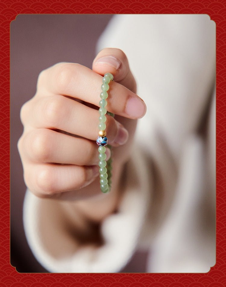 Pure Lotus Green Jade Beaded Bracelet – Natural Hetian Jade | 925 Silver & Cloisonné Accent - STAR8S