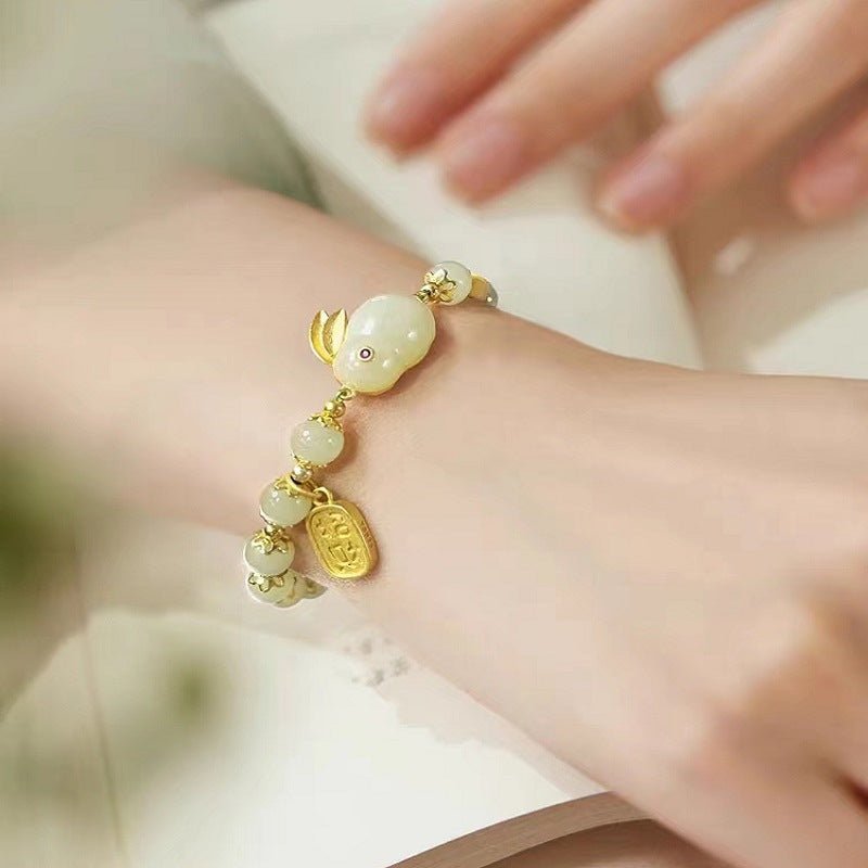 pure silver jade rabbit bracelet for women - beaded year of the rabbit charm for good luck & protection - star8s