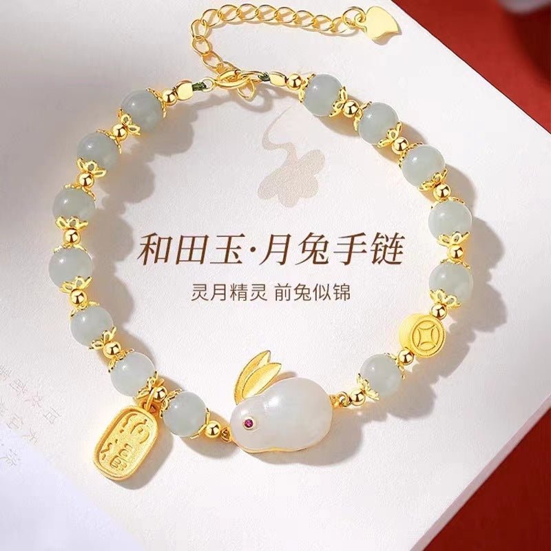 pure silver jade rabbit bracelet for women - beaded year of the rabbit charm for good luck & protection - star8s