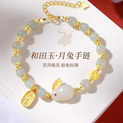 Pure Silver Jade Rabbit Bracelet for Women - Beaded Year of the Rabbit Charm for Good Luck & Protection - STAR8S