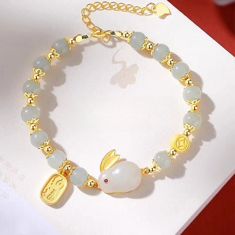 pure silver jade rabbit bracelet for women - beaded year of the rabbit charm for good luck & protection - star8s