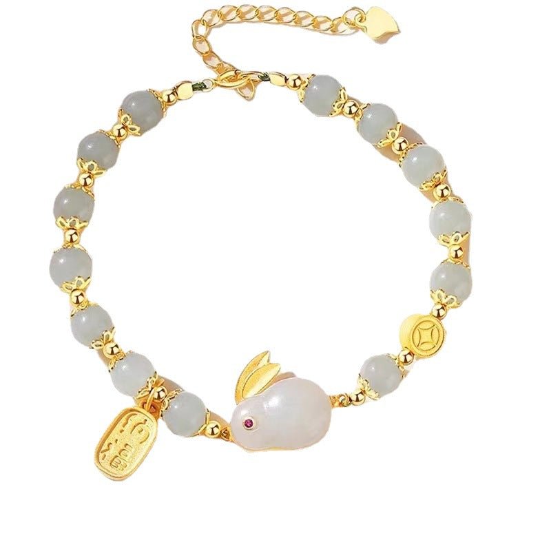 Pure Silver Jade Rabbit Bracelet for Women - Beaded Year of the Rabbit Charm for Good Luck & Protection - STAR8S