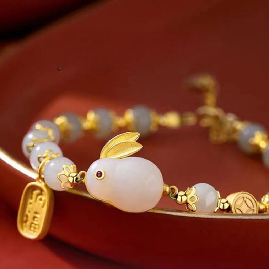 Pure Silver Jade Rabbit Bracelet for Women - Beaded Year of the Rabbit Charm for Good Luck & Protection - STAR8S