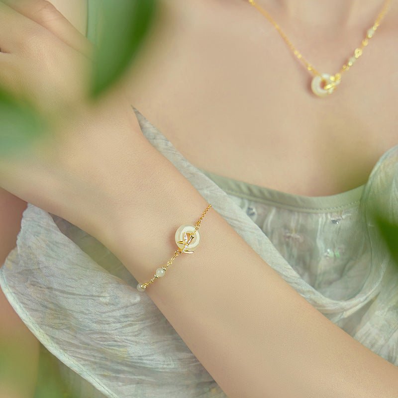 real jade bracelet with hetian jade, 925 silver, bamboo, safety disc, and leaf | star8s