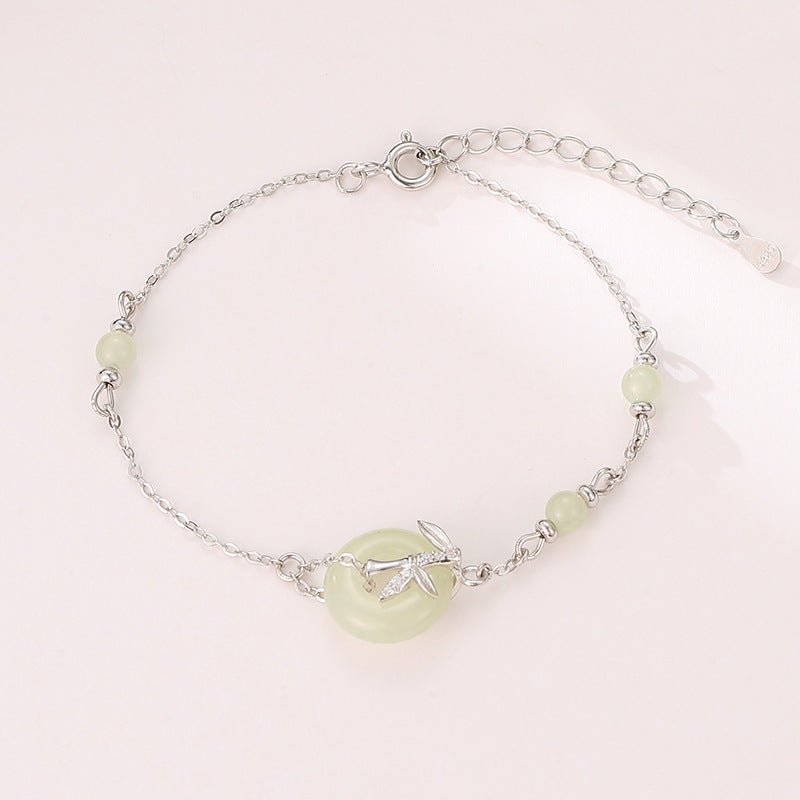 Real Jade Bracelet with Hetian Jade, 925 Silver, Bamboo, Safety Disc, and Leaf | STAR8S