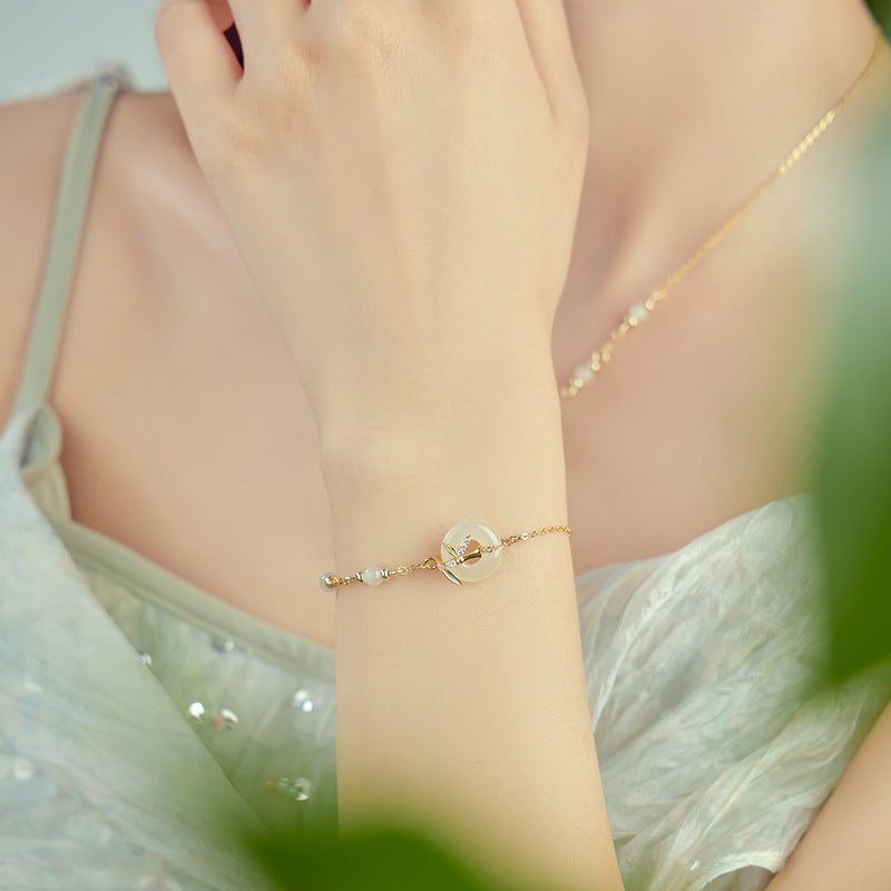 Real Jade Bracelet with Hetian Jade, 925 Silver, Bamboo, Safety Disc, and Leaf | STAR8S