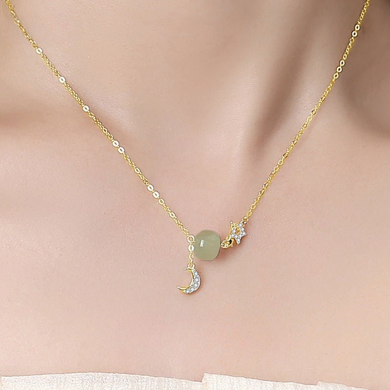 Real Jade Necklace - 925 Silver Star Moon Hetian Collarbone Chain | STAR8S