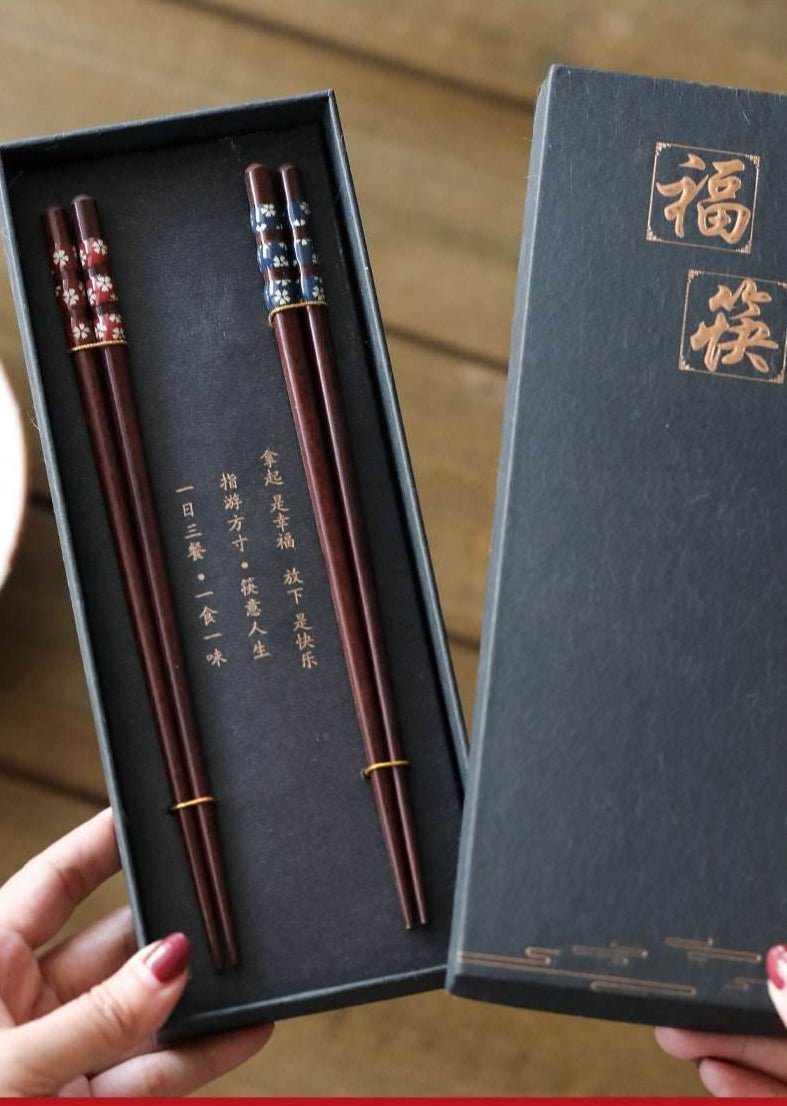 Red Blue Cherry Blossom Wooden Chopsticks Gift Box Romantic Wedding Favor - STAR8S