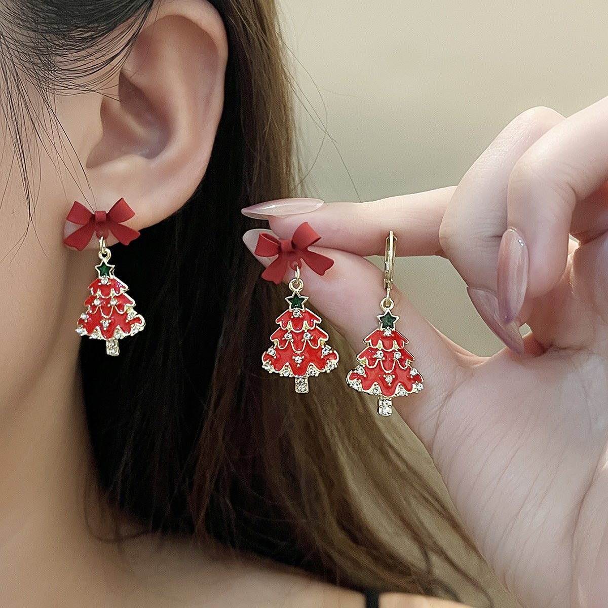 red christmas tree earrings with bow festive holiday jewelry - perfect gift for women - star8s