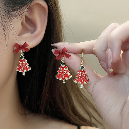 Red Christmas Tree Earrings with Bow Festive Holiday Jewelry - Perfect Gift for Women - STAR8S