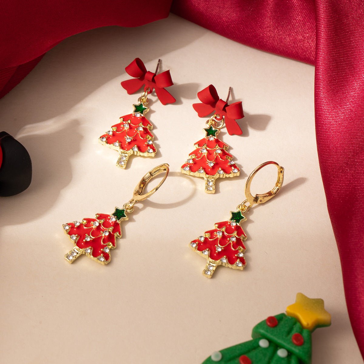 Red Christmas Tree Earrings with Bow Festive Holiday Jewelry - Perfect Gift for Women - STAR8S