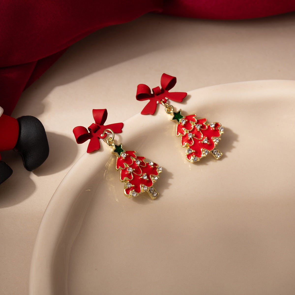 red christmas tree earrings with bow festive holiday jewelry - perfect gift for women - star8s