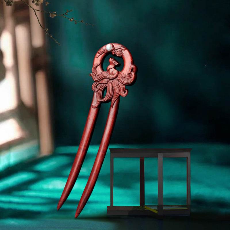 Red Sandalwood Ethnic - style Hairpin, Double - carved for Vintage & Daily Styling - STAR8S