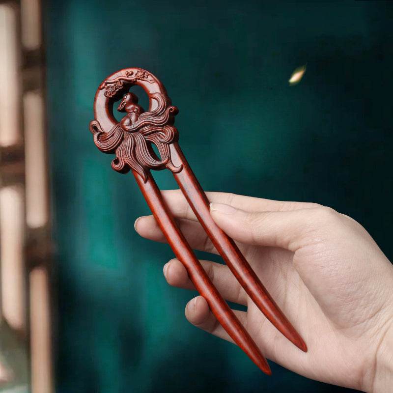 Red Sandalwood Ethnic - style Hairpin, Double - carved for Vintage & Daily Styling - STAR8S