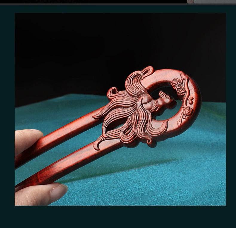 Red Sandalwood Ethnic - style Hairpin, Double - carved for Vintage & Daily Styling - STAR8S