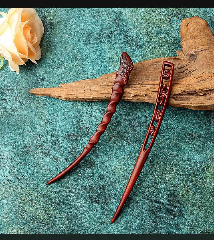 red sandalwood hand - carved tassel hairpin for vintage style - star8s
