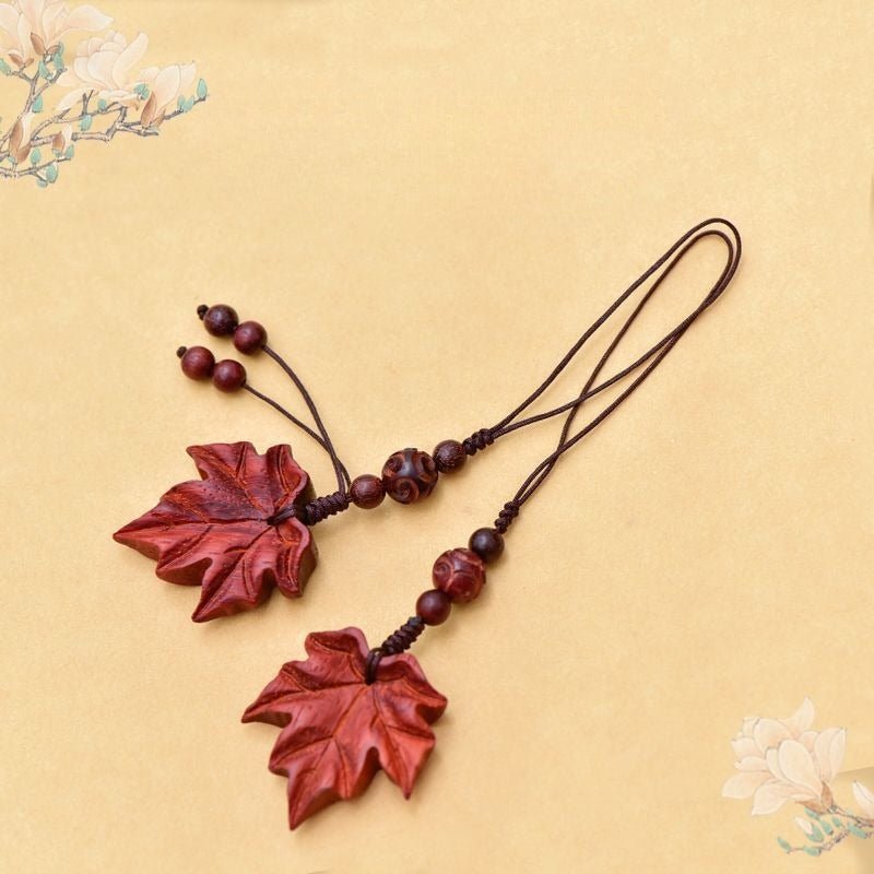 red sandalwood wood maple leaf keychain pendant - handcrafted nature - inspired phone charm - star8s