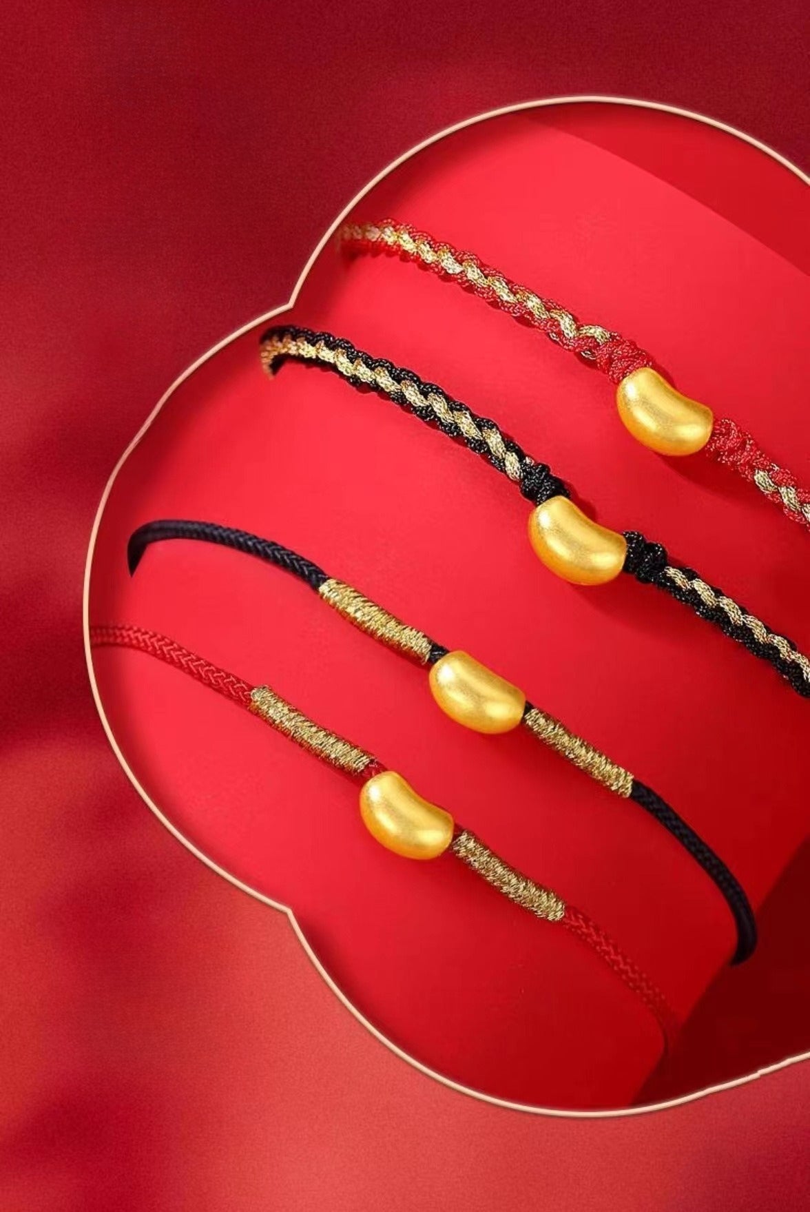 Red String Bracelet - Couple Love Knot Bracelet with Gold - Plated Copper Bean Charm - STAR8S