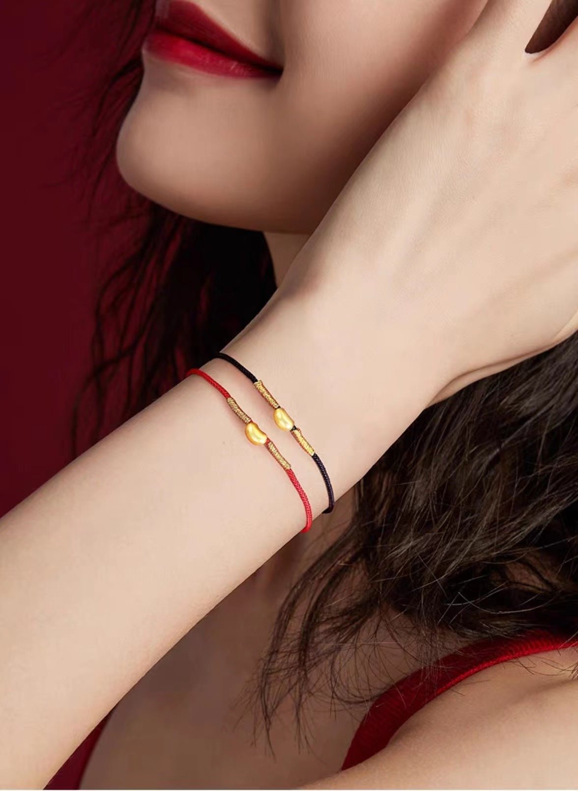 red string bracelet - couple love knot bracelet with gold - plated copper bean charm - star8s