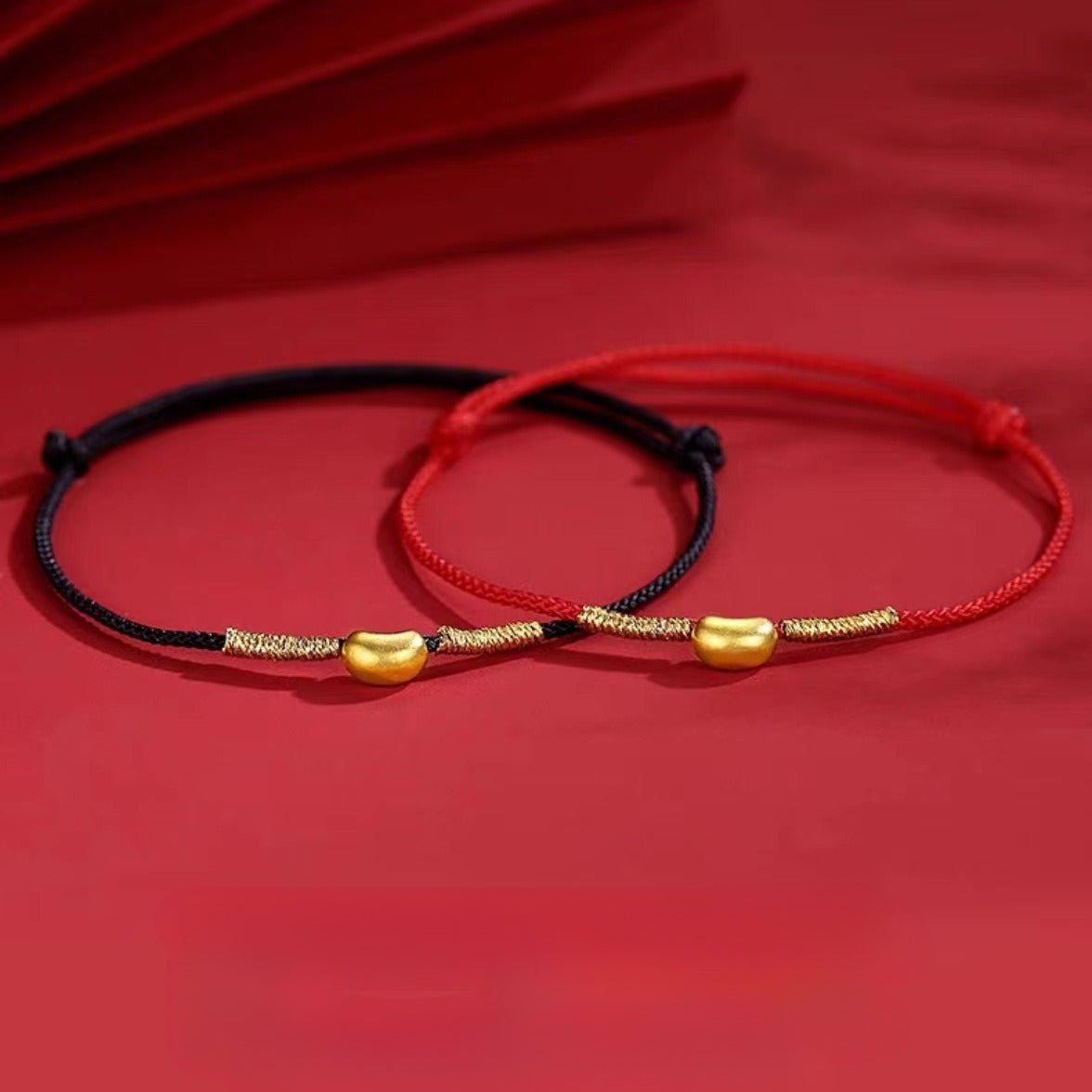 red string bracelet - couple love knot bracelet with gold - plated copper bean charm - star8s