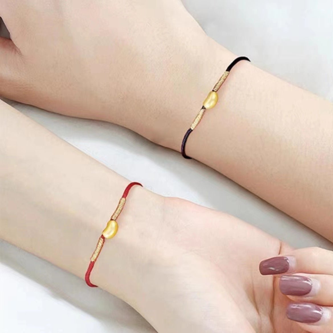 red string bracelet - couple love knot bracelet with gold - plated copper bean charm - star8s