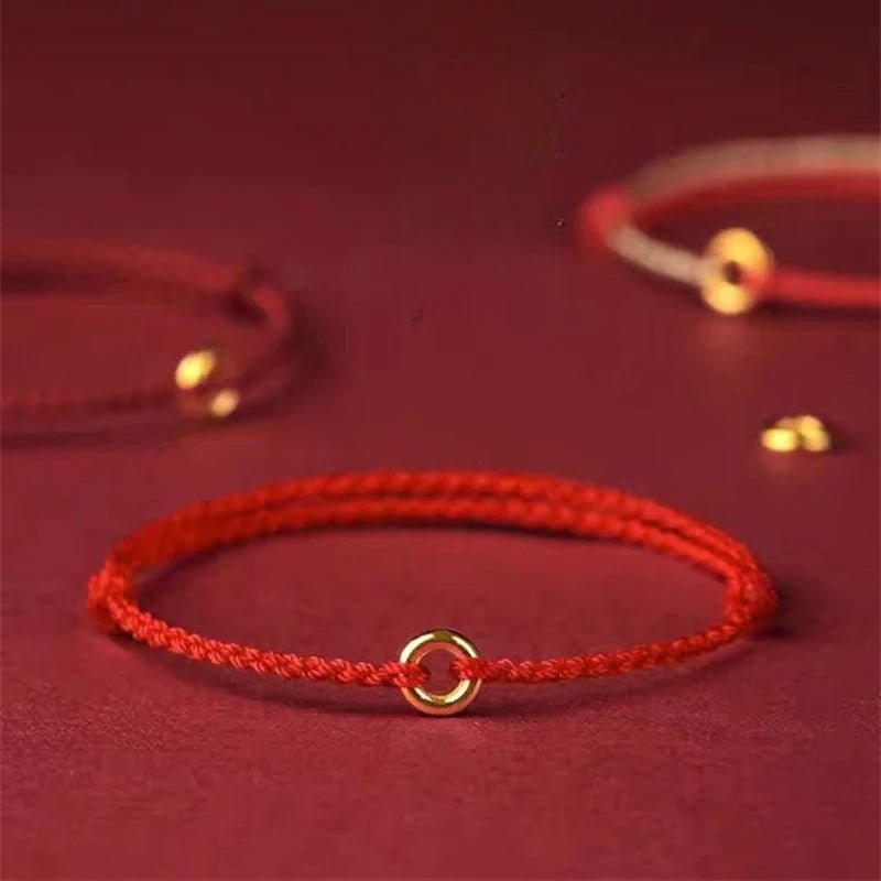red string bracelet with gold ring - adjustable knot bracelet for protection and good fortune - star8s