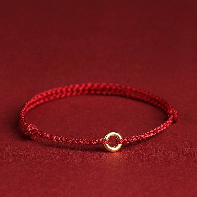 red string bracelet with gold ring - adjustable knot bracelet for protection and good fortune - star8s