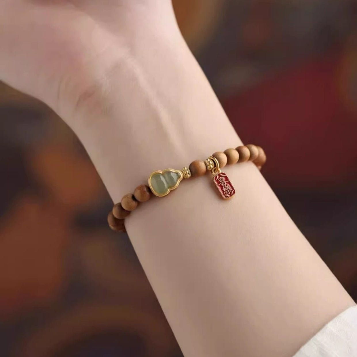 red string bracelet with jade gourd pendant | handcrafted sandalwood & hetian jade - star8s